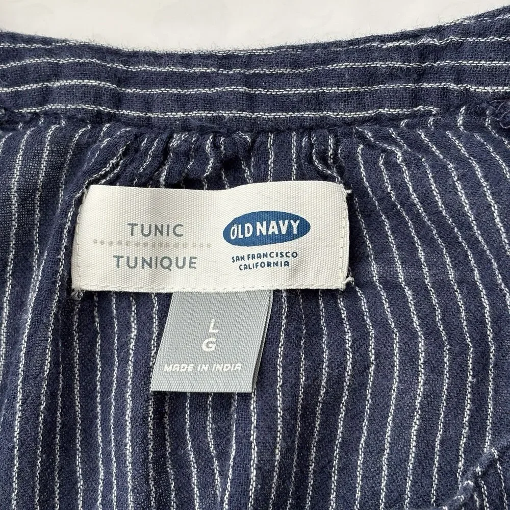 Old Navy Tunic Blouse Womens L Navy White Stripe 100% Cotton Button Front